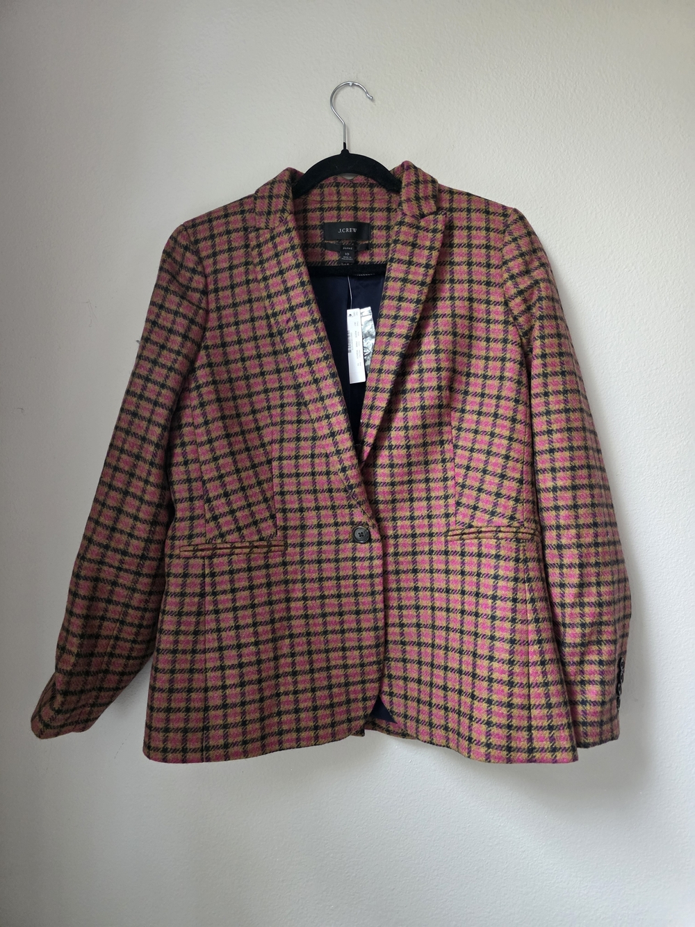 J. Crew Pink and Green Plaid Wool-Blend Single-Button Blazer